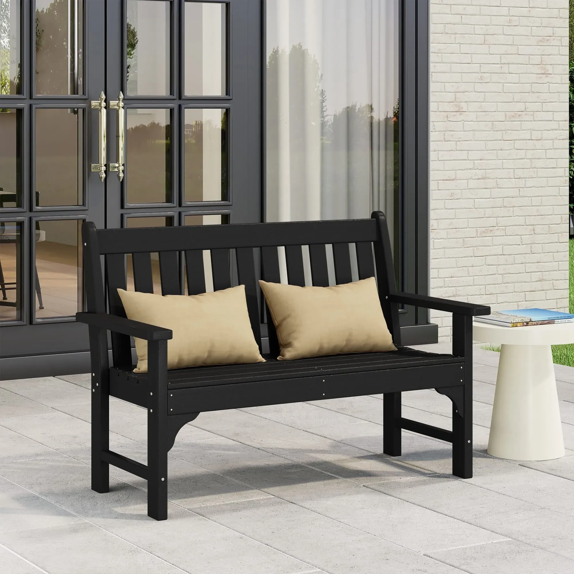 Malibu Outdoor 2-Person All-Weather HDPE Front Porch Garden Bench, Black