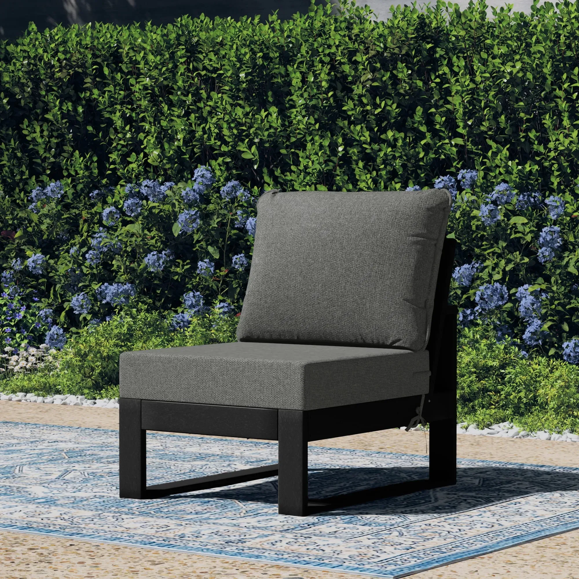 Montara Outdoor HDPE Sectional Armless Chair with Water-Proof Patio Cushions, Black/Gray